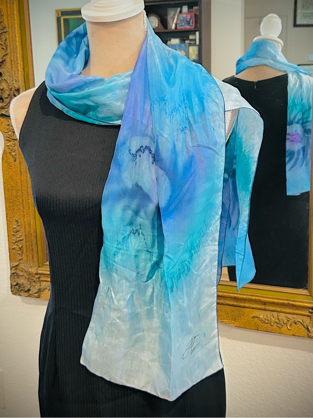 Vintage Signed Hand Painted Art to Wear Silk Scarf Huo Québec Dreamy Ocean Blue